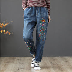 Women's Denim Pants Vintage Flower Embroidery Casual Loose Jeans
