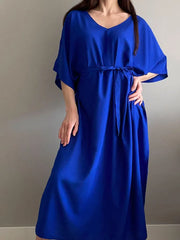 Solid Blue Plus Size Long Kaftan Casual V-neck Robe Maxi Dress