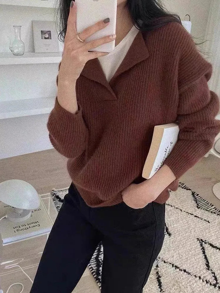 V-neck Sweater Long-sleeved Knitted Pullovers Ribbed Oversize