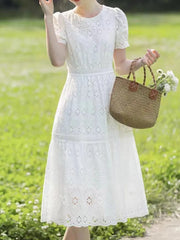 White Lace Hollow Out Dress Embroidery Elegant Short Sleeve O-Neck
