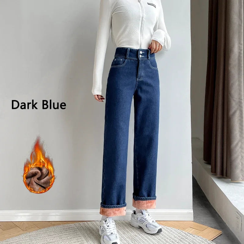 Thick Velvet Jeans Fleece Full Length Fashion High Waist Wide Leg Pants