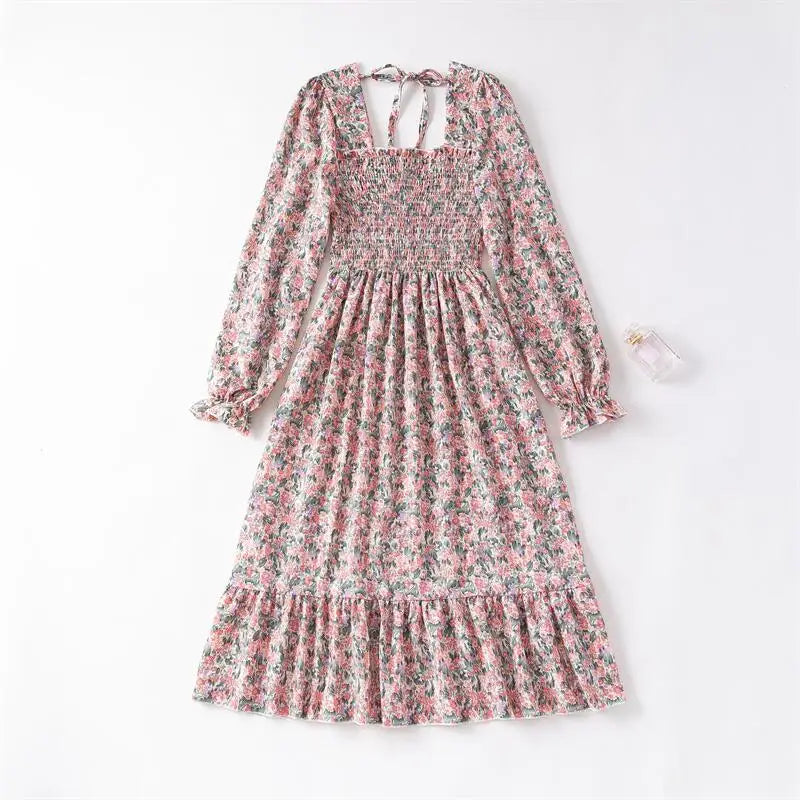 Chiffon Long Sleeve Fashion Printed Floral Midi Casual Dress