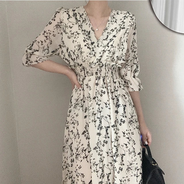 Vintage Elastic Waist A Line V Neck Office Floral Chic Chiffon Long Dress Retro