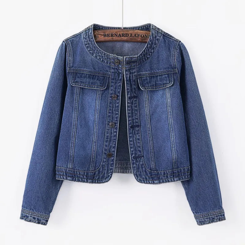 Women Denim Jackets Three-Quarter Sleeve O-Neck Single-Breasted Outerwear