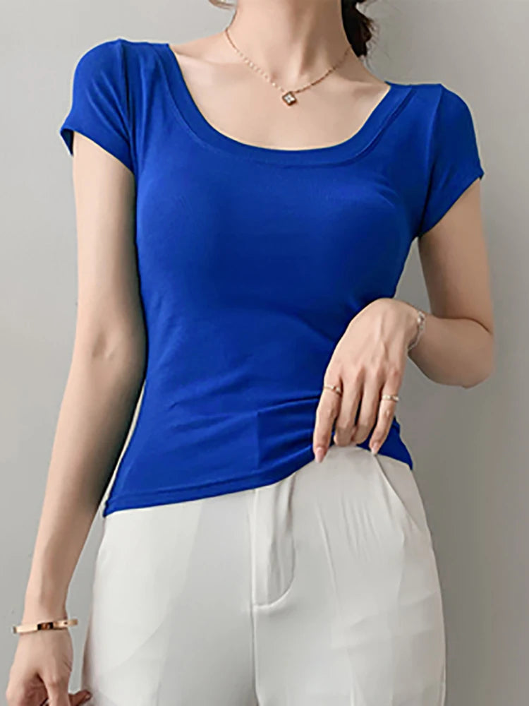 Cotton T Shirt Women Slim Solid Basic Tees Color Casual