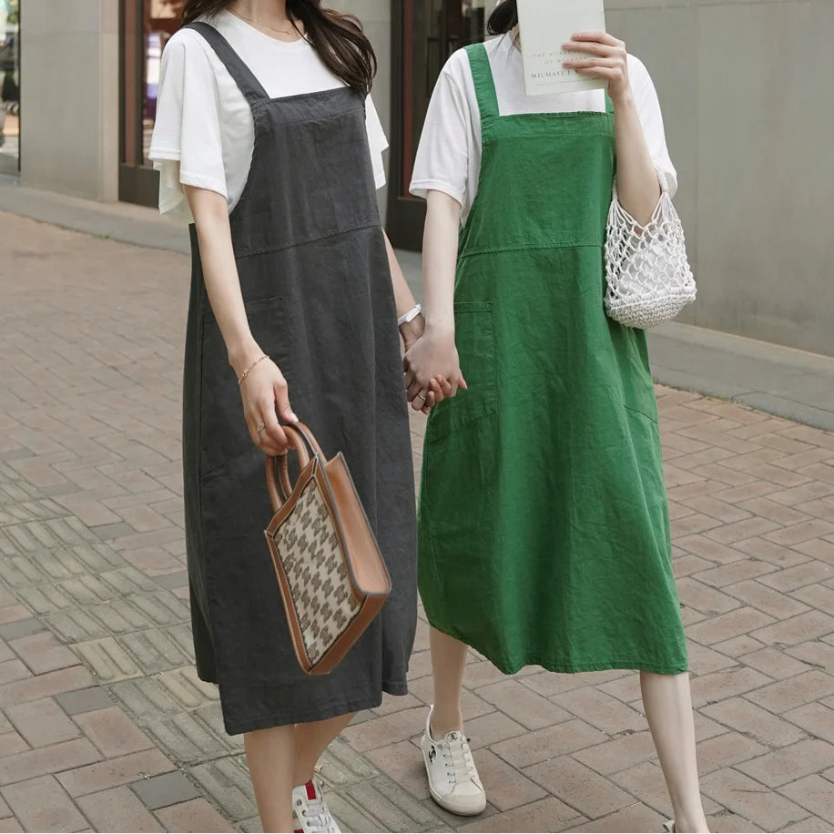 Fashion Cotton Linen Spaghetti Strap Dress Loose Pockets