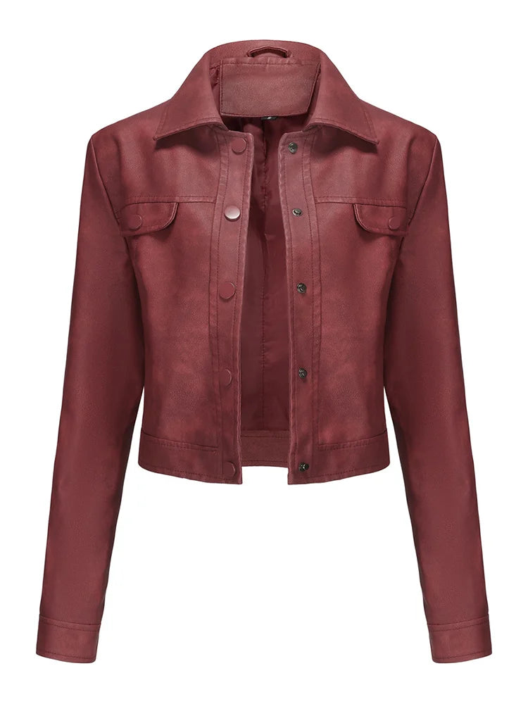 Women's Leather Jackets With Pockets Casual Thin Outerwear