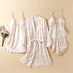 4PC Pajamas Set Lace Sleepwear Nightwear Rayon Lace