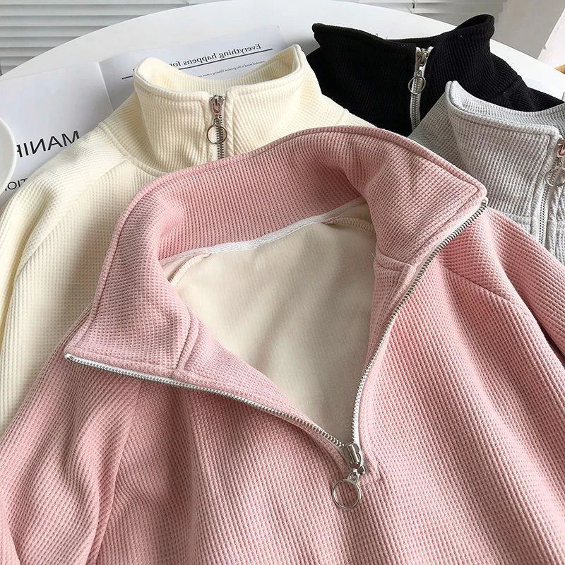 Thicken Zipper Stand Collar Hoodie Women Casual Long Sleeve Pullover Top