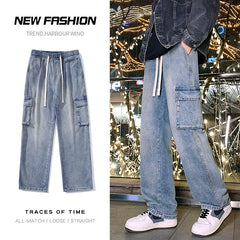 Elastic Waist Cargo Baggy Jeans High Street Pants Straight Y2K Multi-pocket