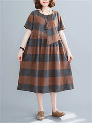 Short Sleeve Summer Plaid Dresses Casual Vintage Fashion