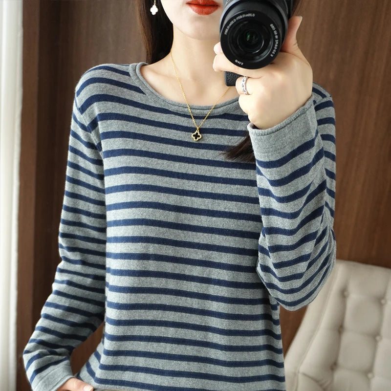 Sweater Curled O-neck Strip Pullover Casual Knit Clothing Fashion