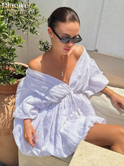 Summer Loose White Cotton Casual V-Neck Short Sleeve Mini Dresses