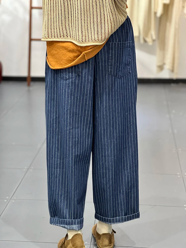 Striped Causal Loose Drawstring High Waist Wide Leg Denim Pants
