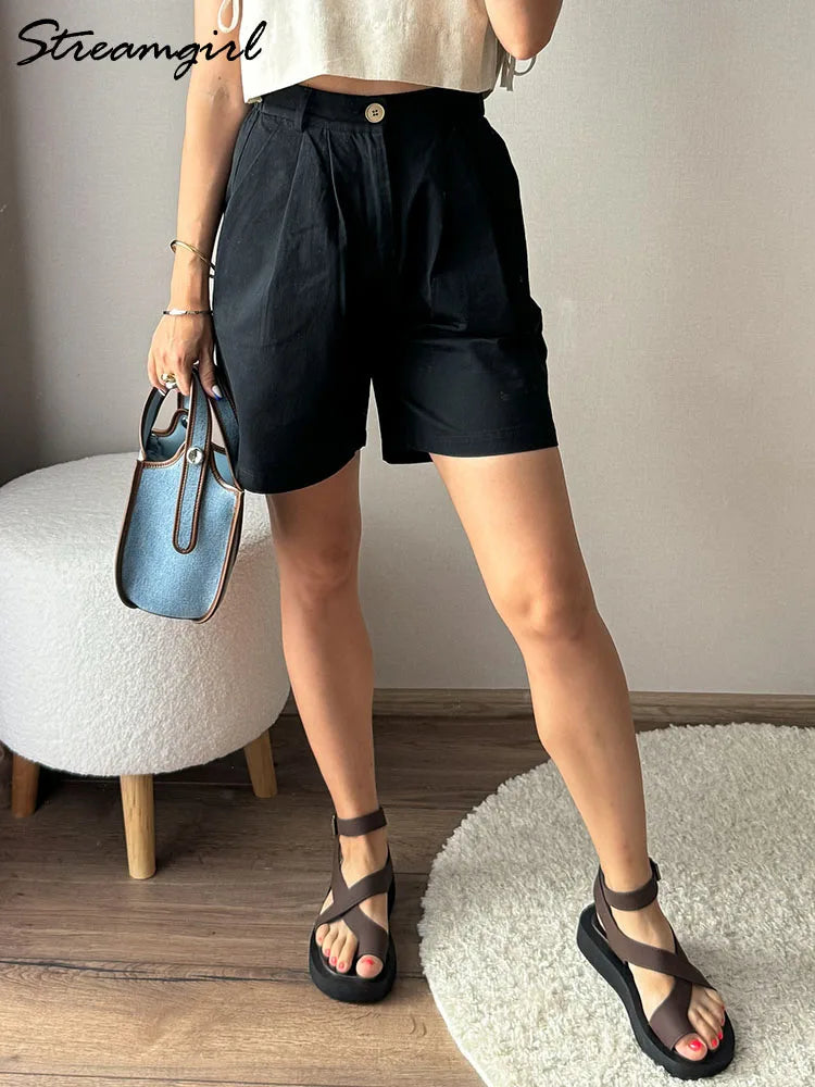 Casual Wide Leg Cotton High Waist Loose A Line Short Pants