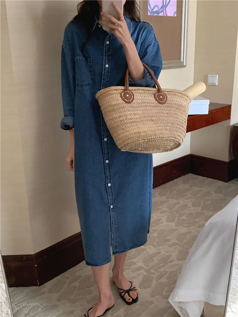 Casual Denim Long Sleeve Cardigan Shirt Long Dresses