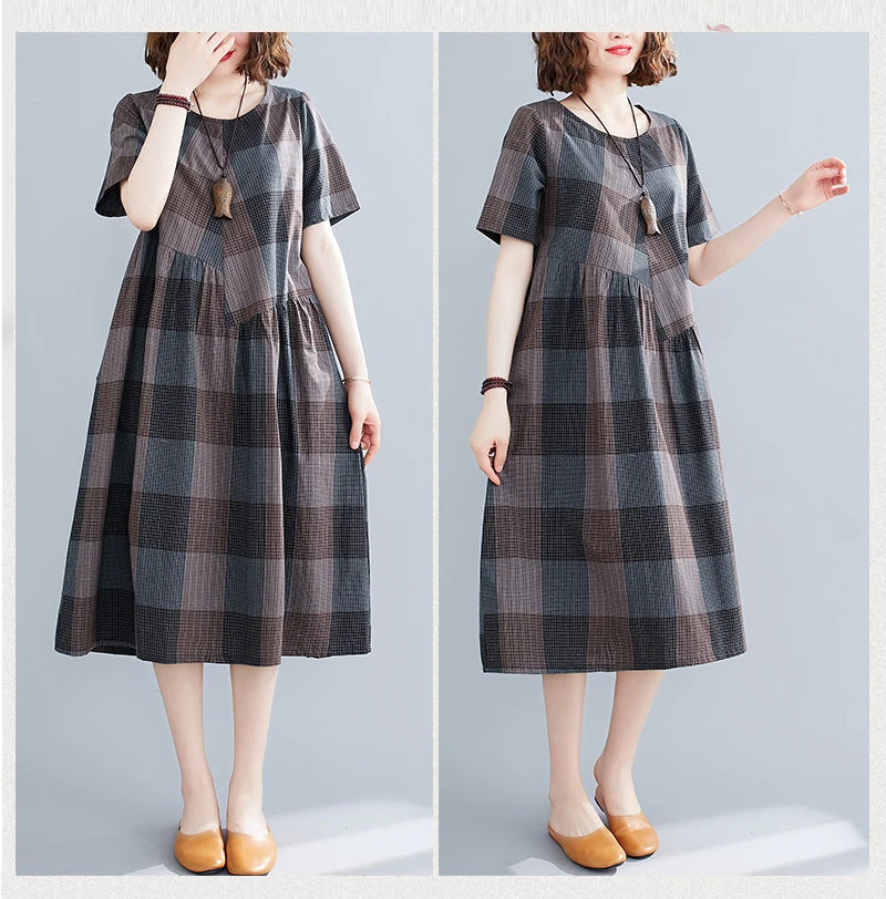 Short Sleeve Summer Plaid Dresses For Casual Vintage