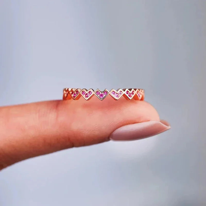 Sweet Pink Cubic Zironia Heart Rings Accessories Trendy Jewelry