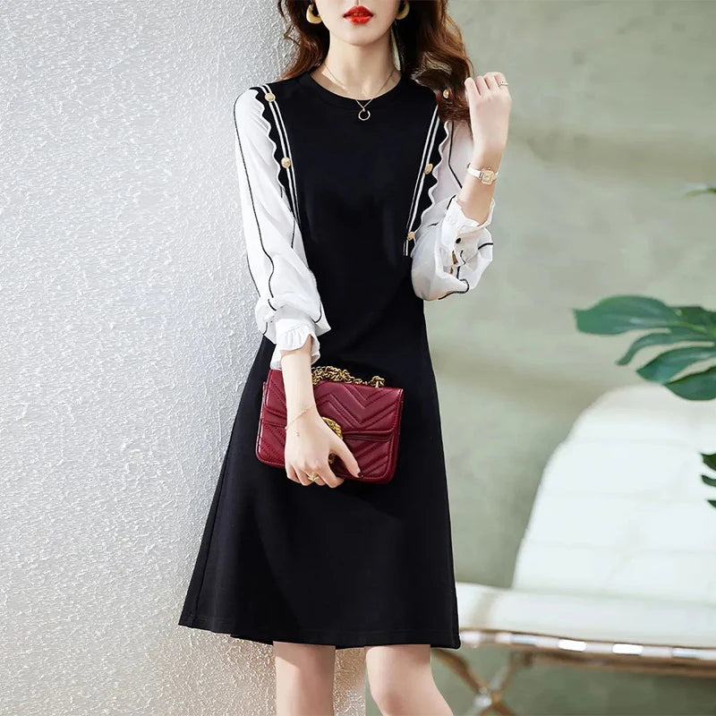 Elegant Fashion Button Long Sleeve Patchwork Midi Dresses