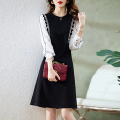 Elegant Fashion Button Long Sleeve Patchwork Midi Dresses