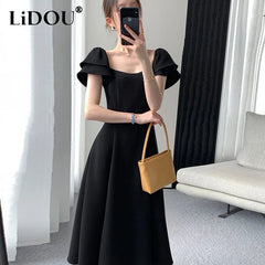 Style Black Waist A-line Dress Lady Short Sleeve Elegant Fashion
