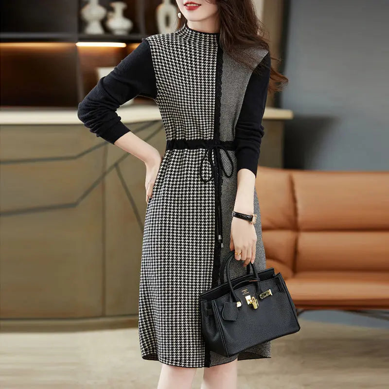 High Collar Houndstooth Lace Patchwork Knitting Dress