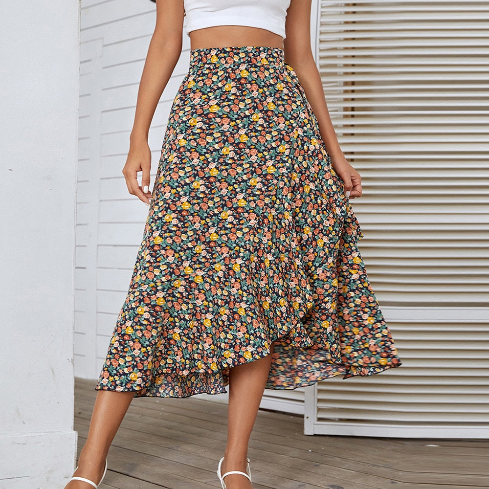 Women Floral Print Ruffles Pleated Boho Skirt – lastrafashion