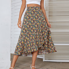 Women Floral Print Ruffles Pleated Boho Skirt