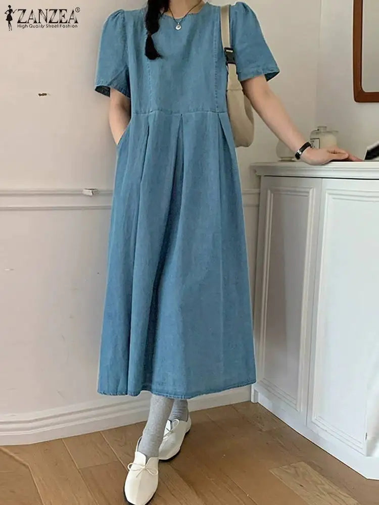 Casual Denim Summer Short Sleeve Pleated Midi Dress