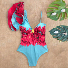 Ruffle Swimwear Single Shoulder One Piece Swimsuit Floral Printed