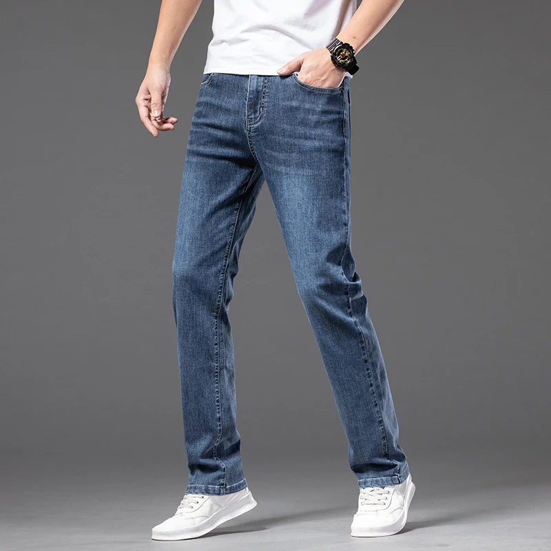 Men's Stretch Loose Jeans Classic Brand Straight Business Casual