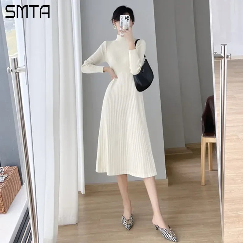 Long Sleeve Bodycon Dress High Collar Knitted Sweater