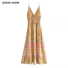 Bohemia Orange Floral Print Spaghetti Strap Dress