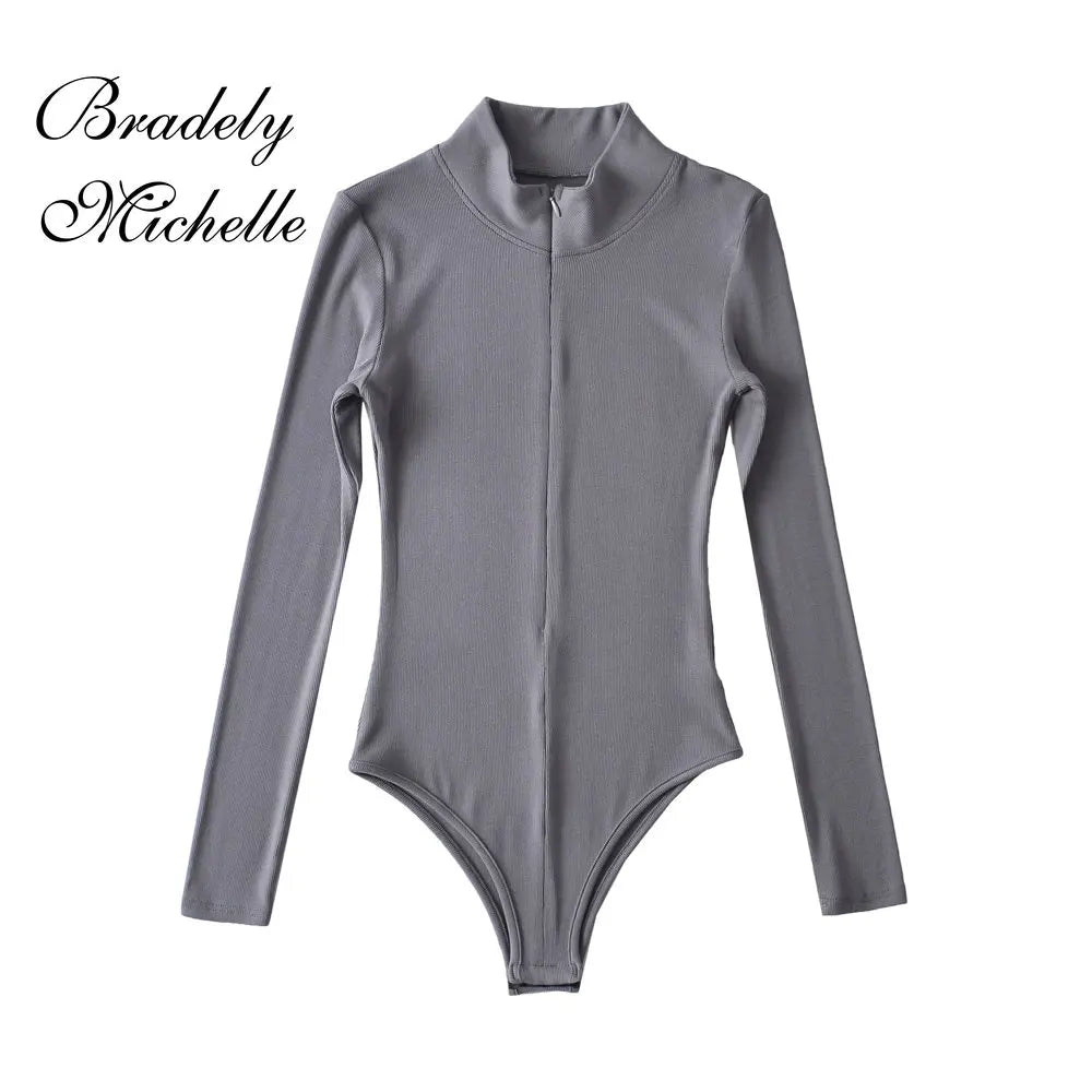 Women's Slim Standing Collar Zipper Long Sleeve Jumpsuit Solid