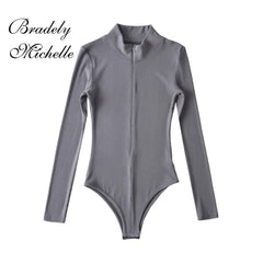 Women's Slim Standing Collar Zipper Long Sleeve Jumpsuit Solid