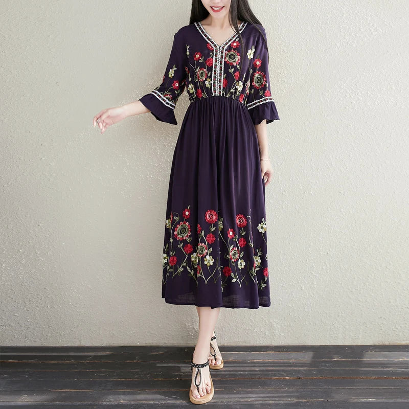 Women Retro Flare Sleeve Beach Embroidery Tunic Dress