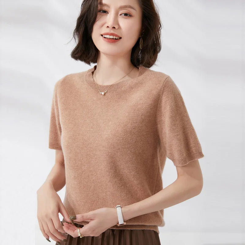 Short-sleeved O-neck  Pullover T-shirt Knitted Base Sweater