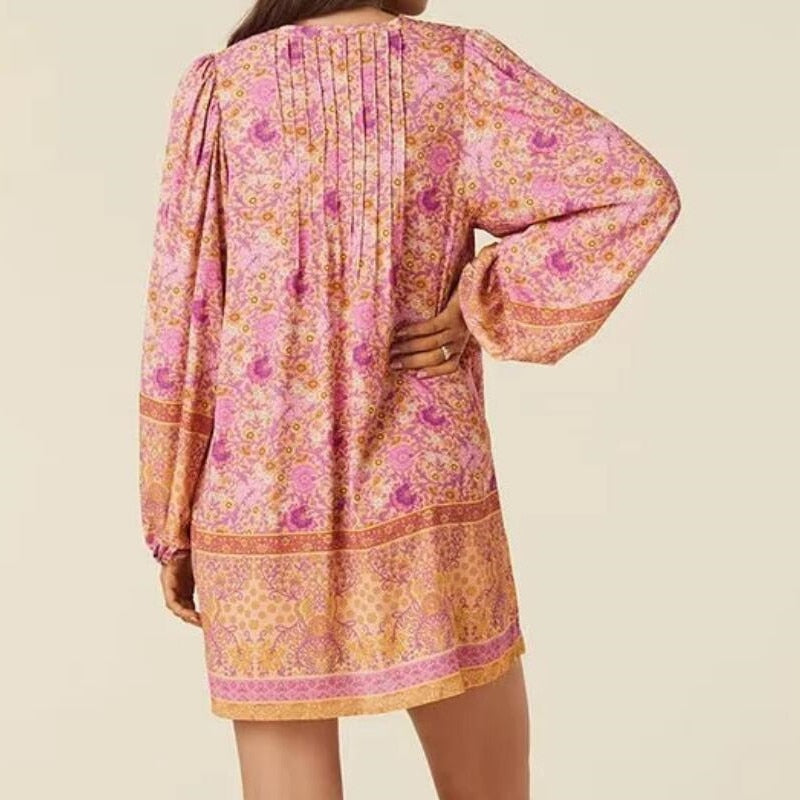 BOHO Women V neck Flower Print Full Sleeve Mini Dress