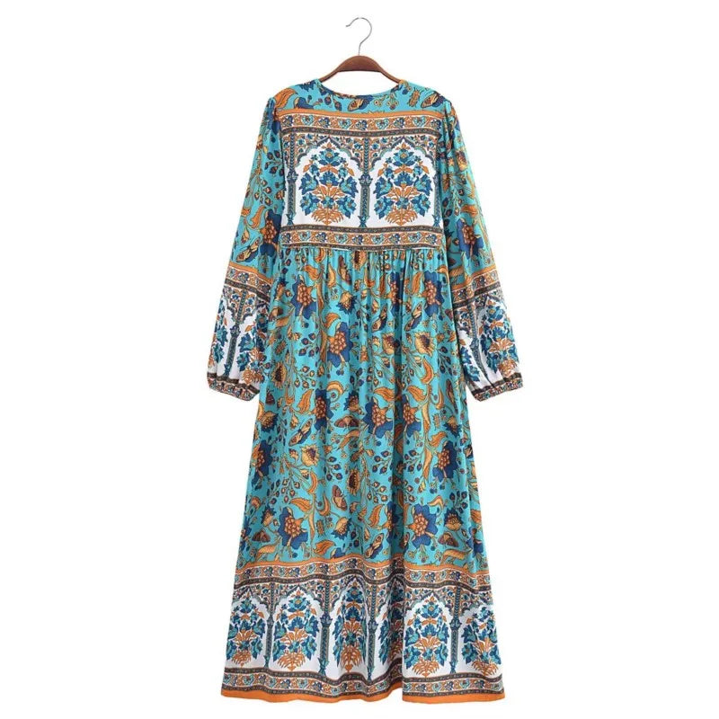 BOHO Paisley Flower Print Bow Lacing up Neck Long Straight Dress