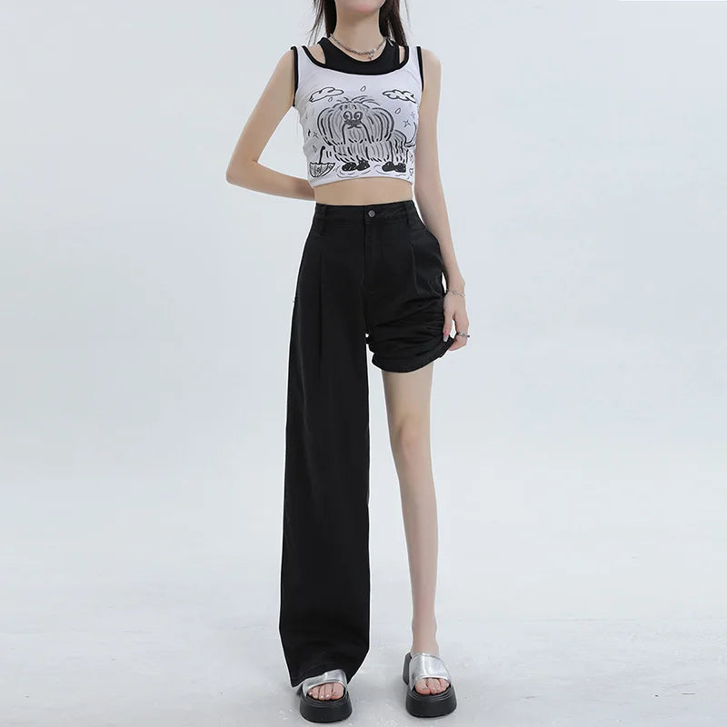Office Lady High Waist Loose All Match Denim Trousers