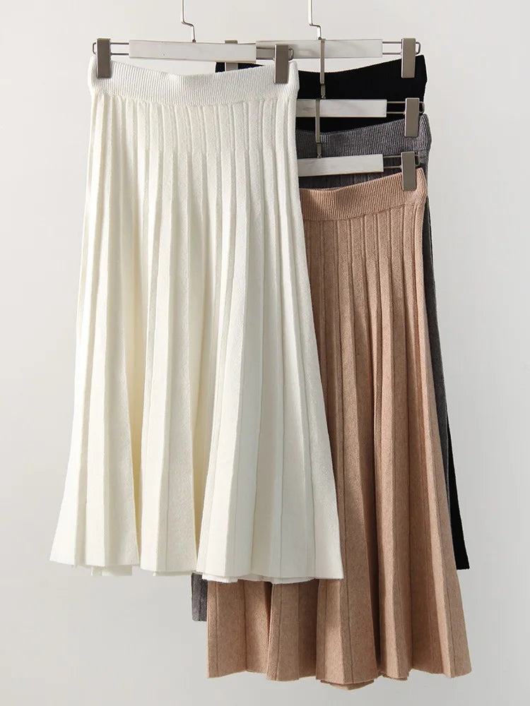 Women Pleated Knit Skirt Long Winter Elastic Waist White Maxi Skirts