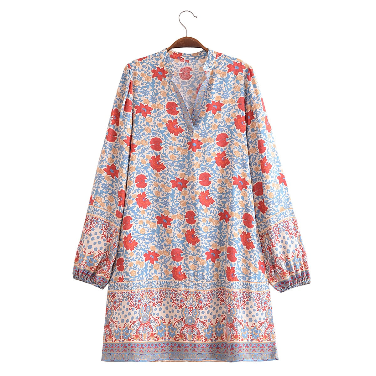 BOHO Women V neck Flower Print Full Sleeve Mini Dress