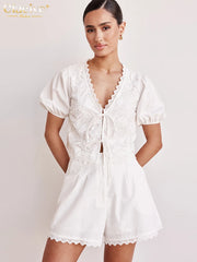 Loose White Cotton 2 Piece Sets Women Outfit Short Sleeve Shirt