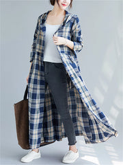 Casual Hooded Trench Coat Long Sleeve Single Breasted Plaid Cotton Office Lady Dress