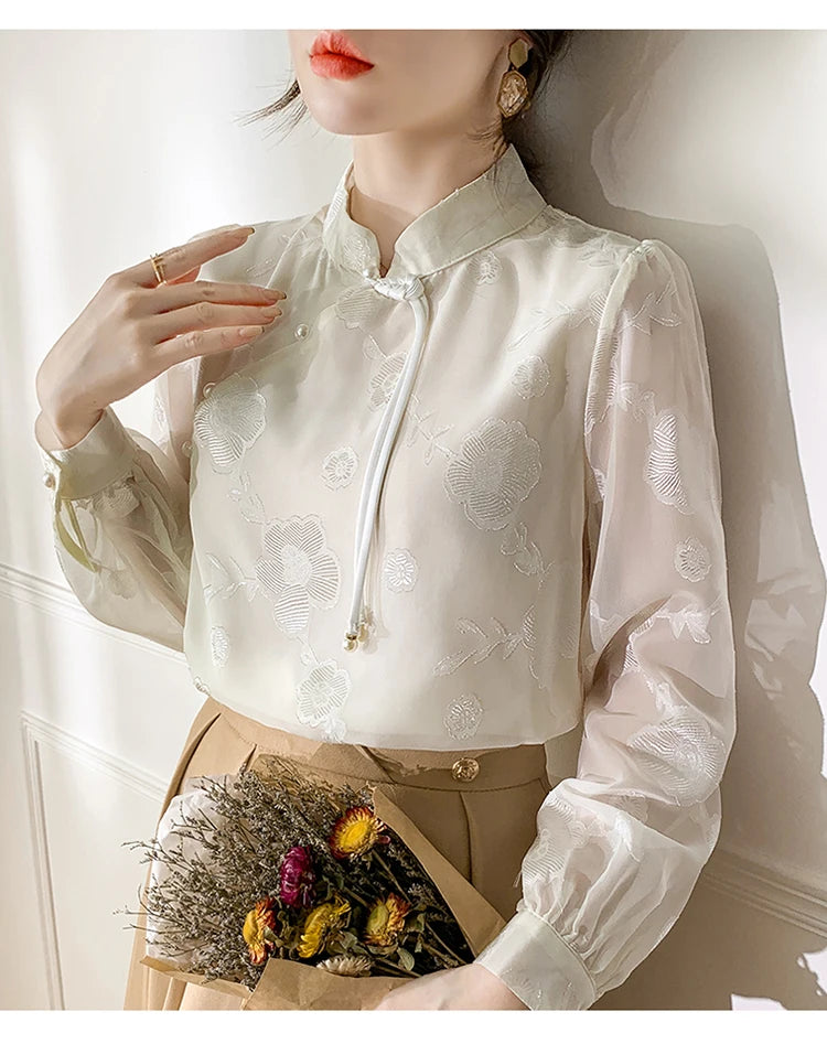 Shirts Blouses Stand Collar Chinese Style Long Sleeve Chiffon