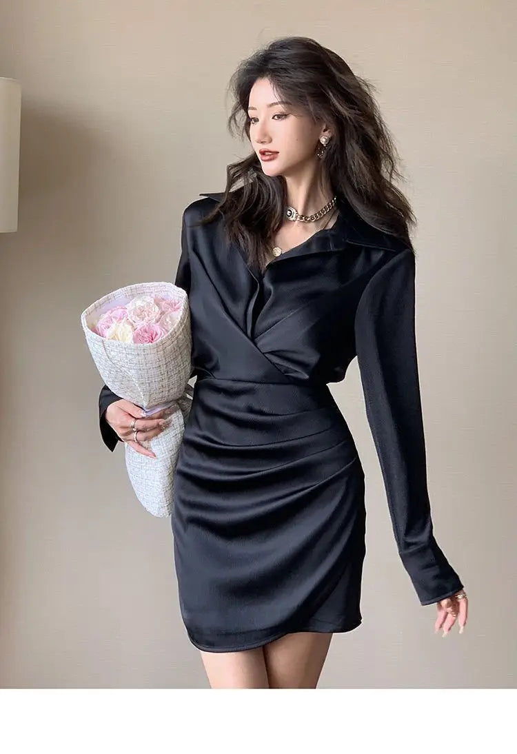 Black V-neck Dress Style Slim Patchwork Long Sleeve Party Office