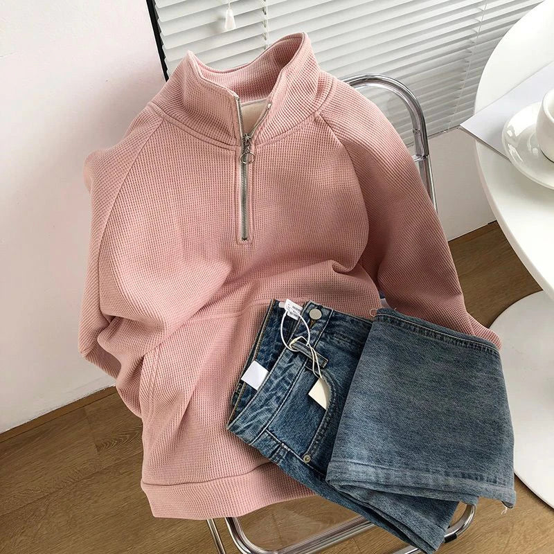 Thicken Zipper Stand Collar Hoodie Women Casual Long Sleeve Pullover Top