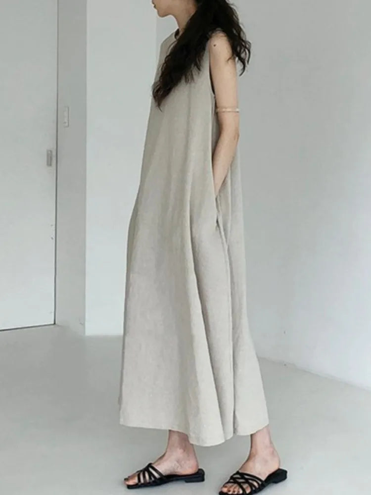 Cotton Linen Sleeveless Women's Long Dresses Solid O-Neck Style