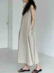 Cotton Linen Sleeveless Women's Long Dresses Solid O-Neck Style