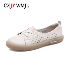 Plus Size Genuine Leather Women Mesh Sneakers Summer Flat Shoes